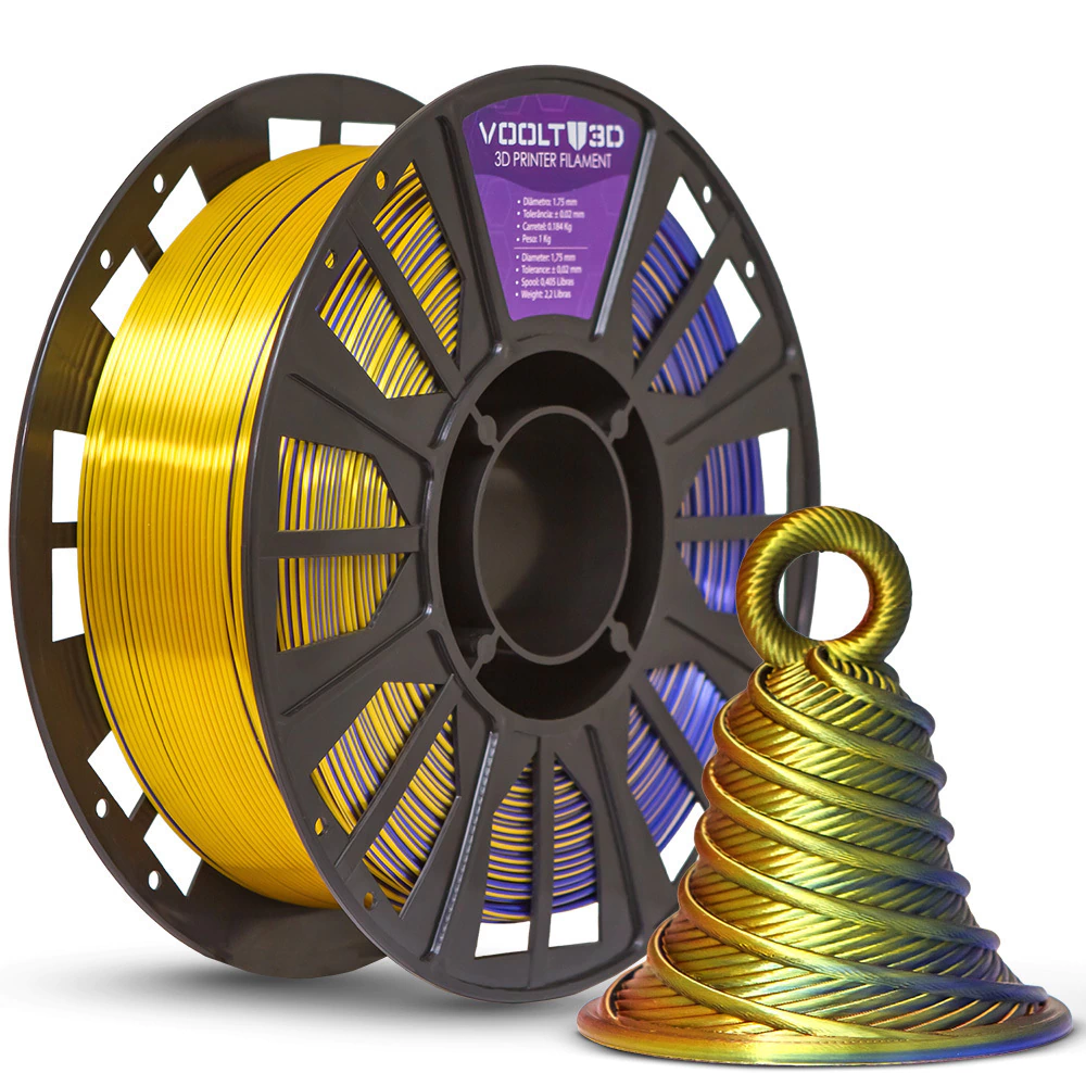 Voolt3D Rolo PLA Tri Color Ametista / Azul Safira / Dourado V-Silk 1kg para Impressora 3D — filamento para impressora 3D