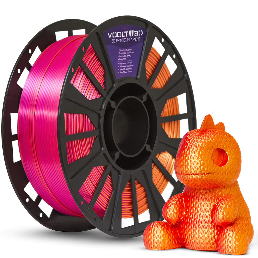 Filamento Voolt3D PLA Tri Color Dourado / Laranja / Rosa Choque V-Silk 1kg para Impressora 3D — filamento para impressora 3D