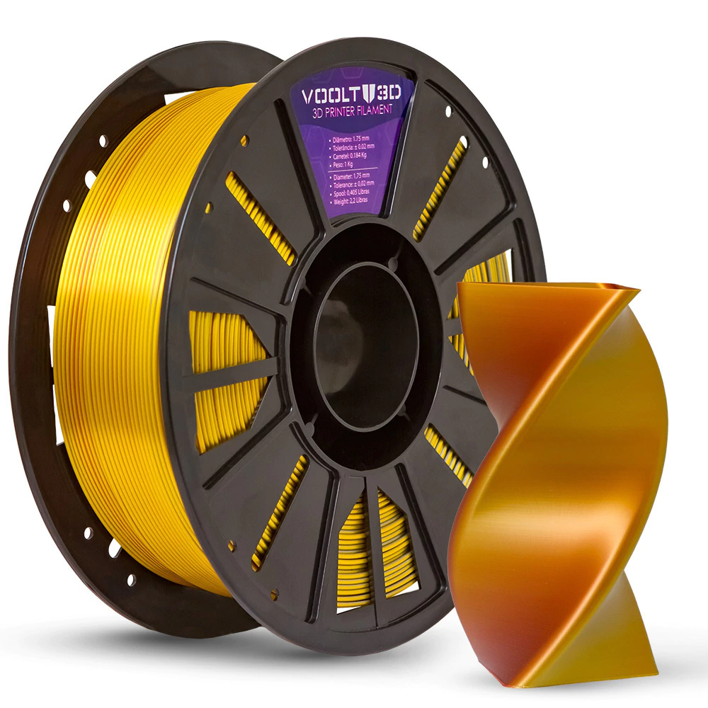 Filamento Voolt3D PLA Tri Color Bronze / Prata / Ouro V-Silk High Speed Premium 1kg para Impressora 3D — filamento para impressora 3D