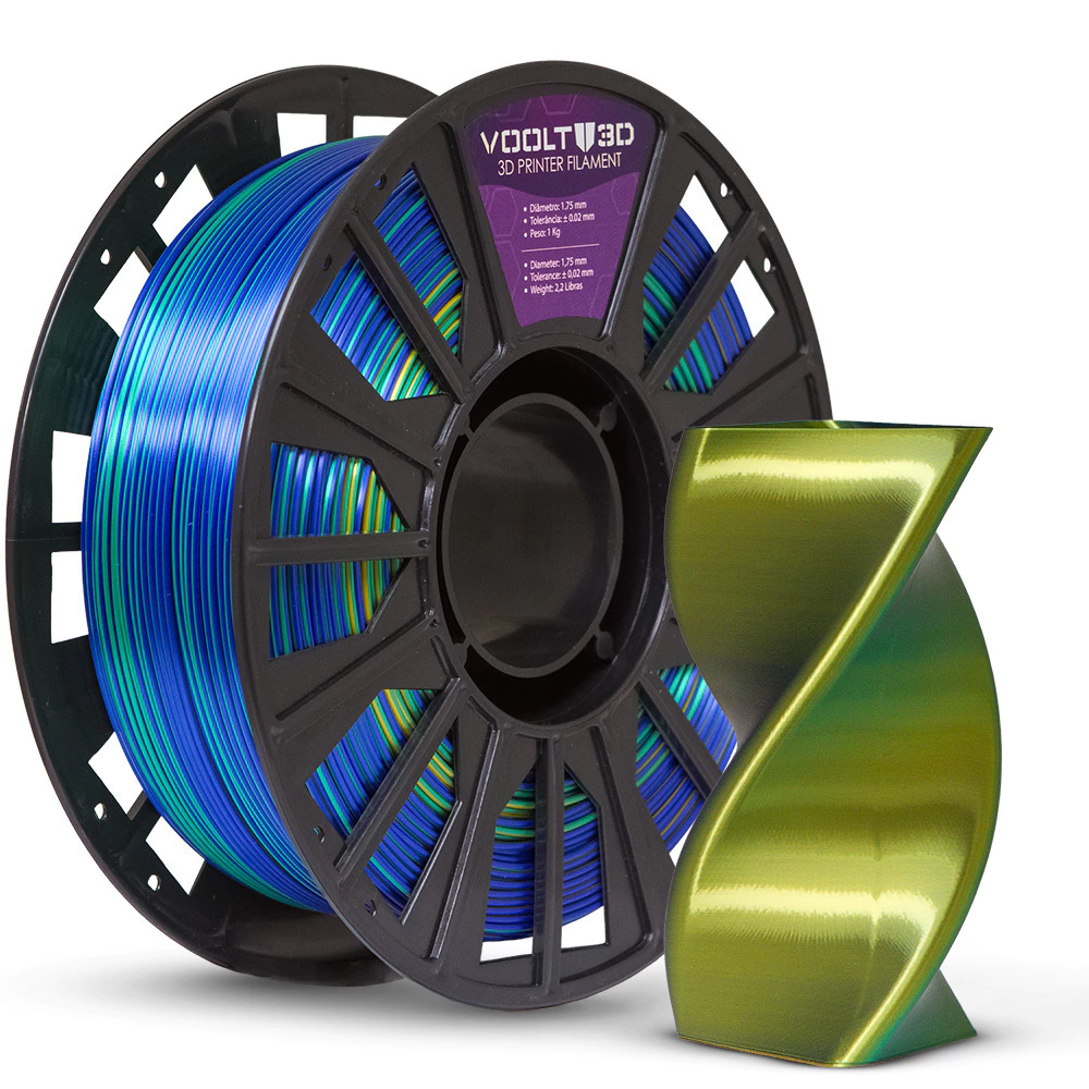 Voolt3D Rolo PLA Tri Azul Safira / Dourado / Verde V-Silk 1kg para Impressora 3D — filamento para impressora 3D